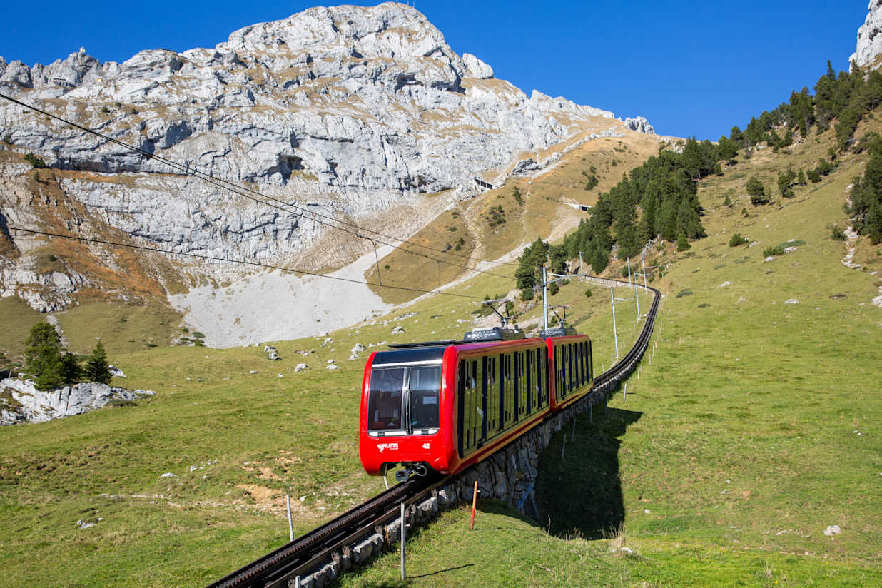 The Pilatus cogwheel railway in Mattalp, on its way to the Pilatus summit.